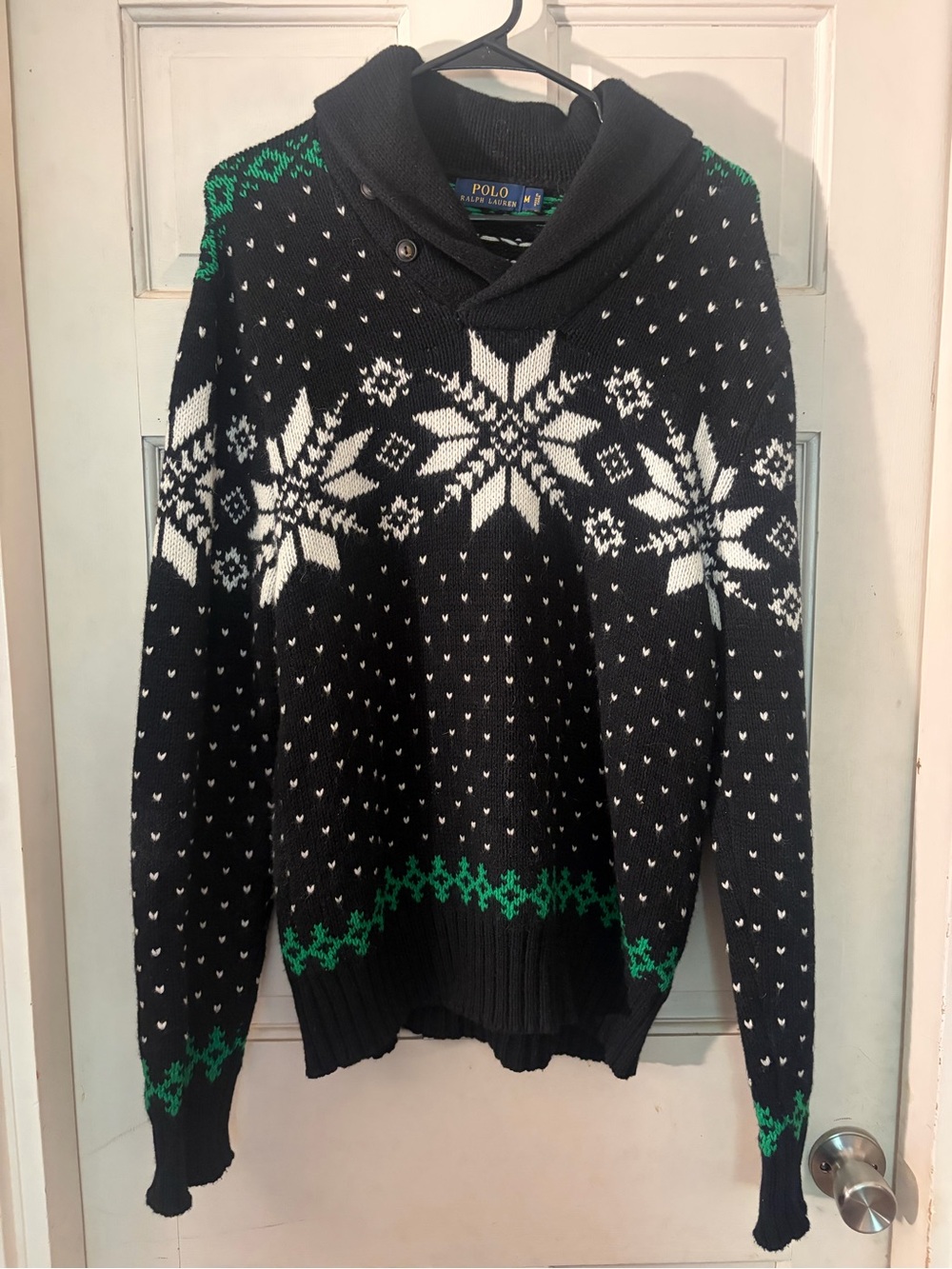 Ralph Lauren Black White Green Snowflake Shawl Collar Sweater